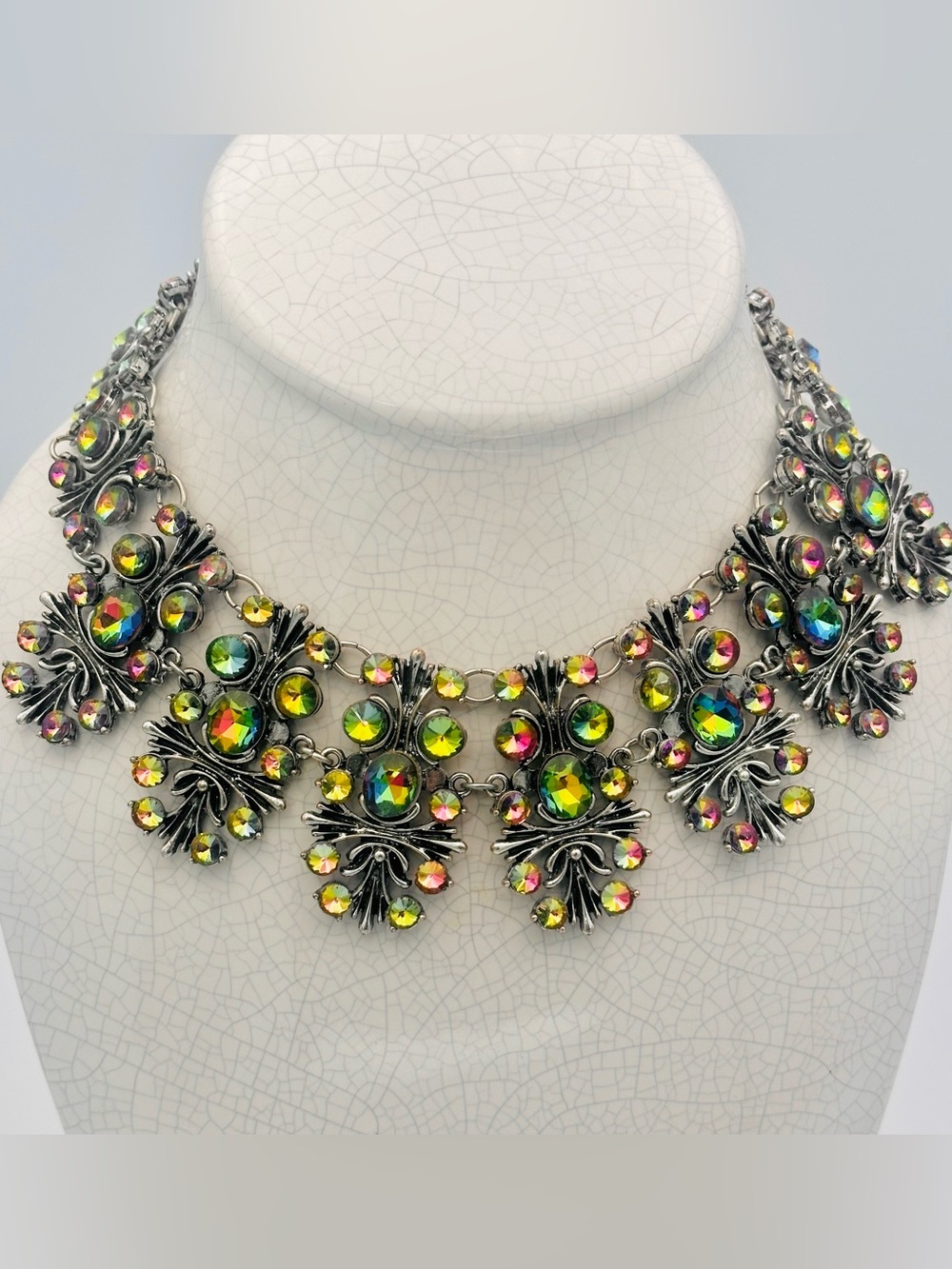 Modern costume multi-colored iridescent statement collar necklace